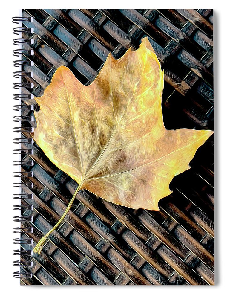 Autumn Spiral Notebook featuring the photograph Painterly Autumn Leaf On Webbed Seat #1 by Gary Slawsky