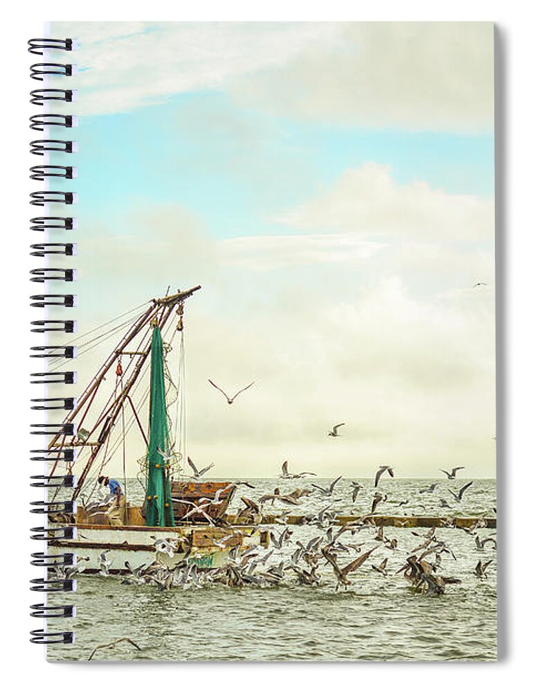 Shrimp Boat Birds Pelican Laughing Gull Coast Coastal Shrimping Net Water Rockport Texas Fulton Clouds Bay Gulf Mexico Marina Harbor Spiral Notebook featuring the photograph Rainbow Returns by Christopher Rice