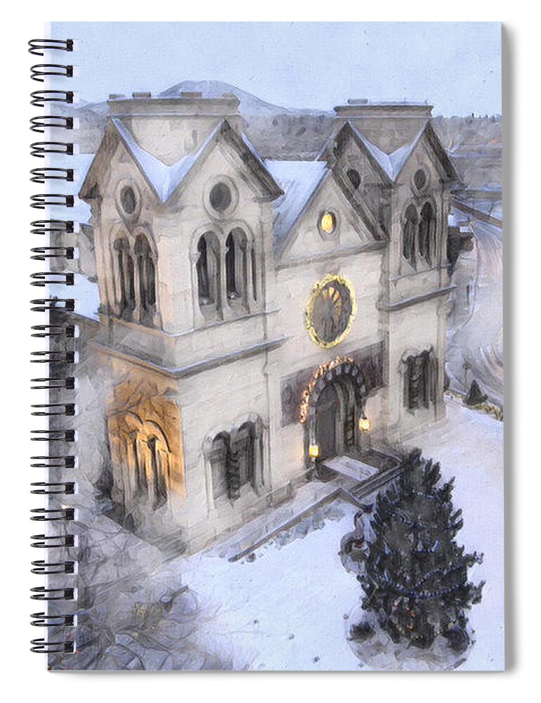 Church Spiral Notebook featuring the digital art Santa Fe Cathedral by Aerial Santa Fe