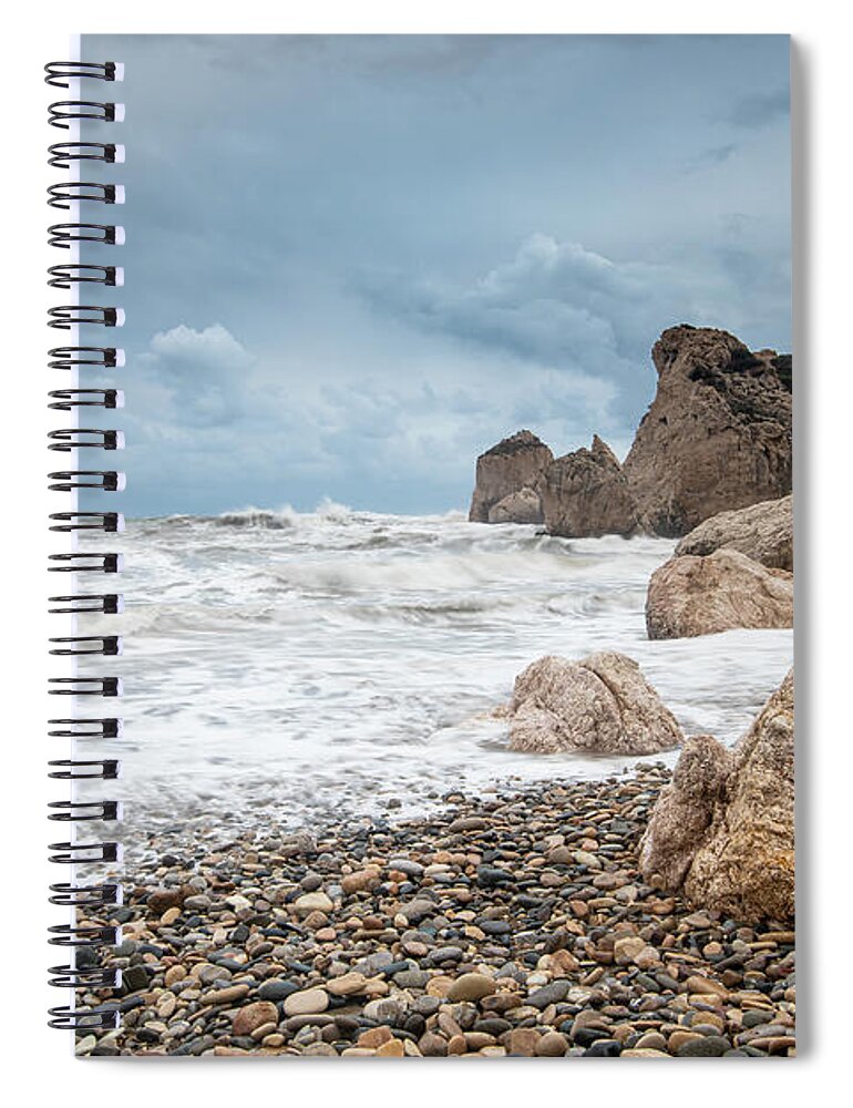 Paphos Spiral Notebook featuring the photograph Seascapes with windy waves. Rock of Aphrodite Paphos Cyprus by Michalakis Ppalis