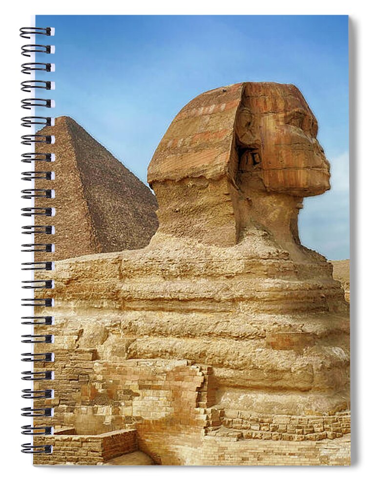 Cheops Spiral Notebook featuring the photograph Sphinx and the Great pyramid of Khufu #1 by Steve Estvanik