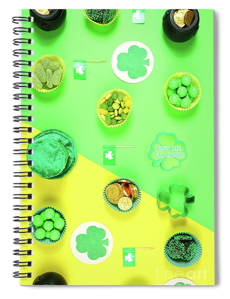 St Patrick Spiral Notebook featuring the photograph St Patrick's Day flat lay with chocolate coins, leprechaun hat and shamrocks. #1 by Milleflore Images