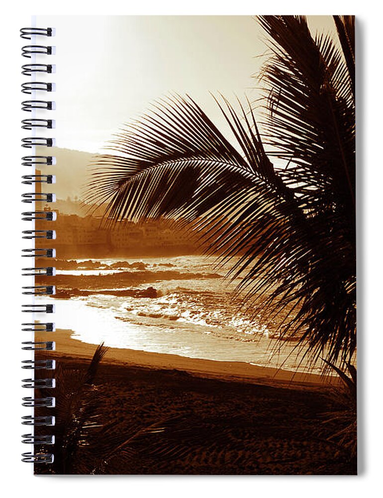 Brown Spiral Notebook featuring the photograph Stormy weather with palm trees on the beach in sepia color #1 by Severija Kirilovaite