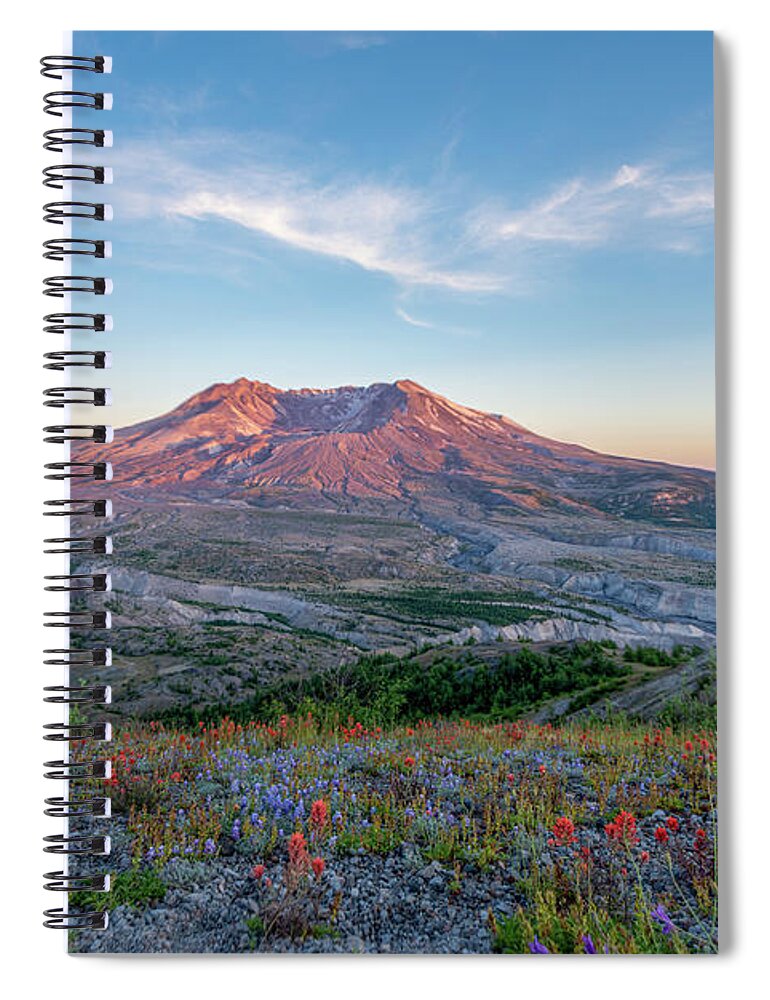 Outdoor; Hiking; Johnston Ridge; Flowers; Summer; Mountains; Craters; Mt St. Helens Spiral Notebook featuring the digital art Sunset in St. Helens #1 by Michael Lee