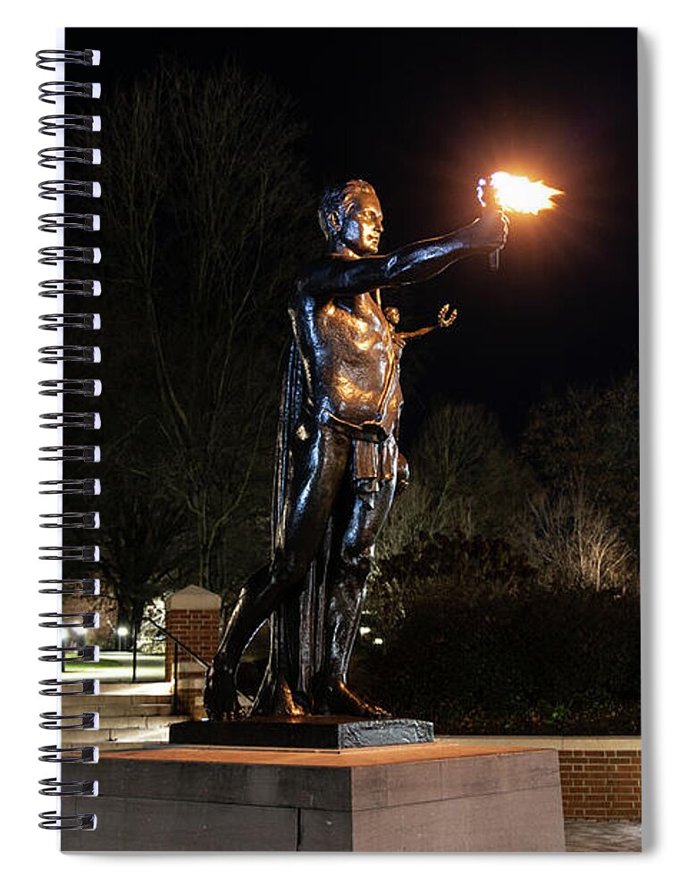 University Of Tennessee At Night Spiral Notebook featuring the photograph Torchbearer statue at the University of Tennessee at night by Eldon McGraw