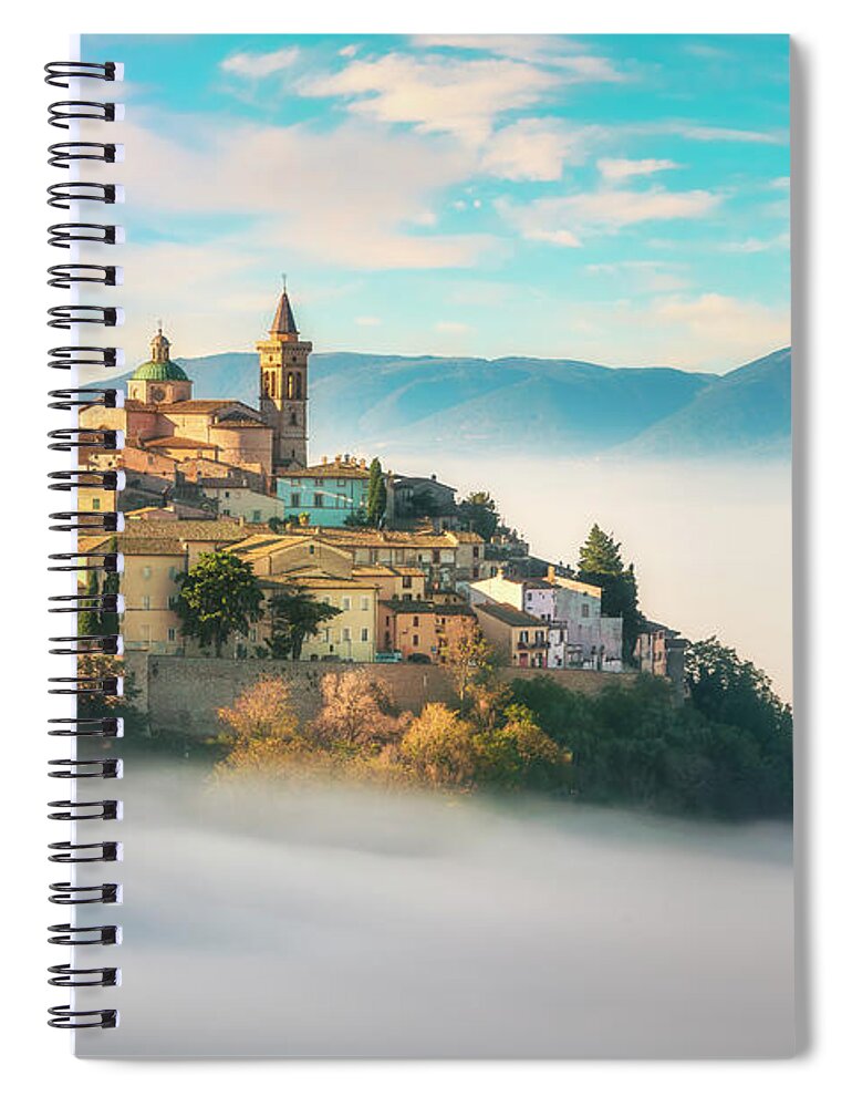 Trevi Spiral Notebook featuring the photograph Trevi picturesque village in a foggy morning. Perugia, Umbria, I by Stefano Orazzini