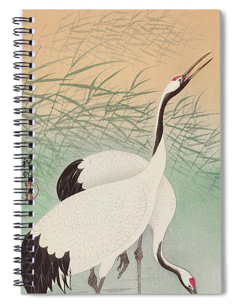 Bird Spiral Notebook featuring the painting Two cranes #2 by Ohara Koson