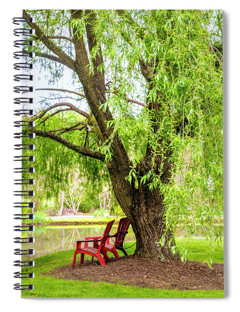 Red Spiral Notebook featuring the photograph Under the Weeping Willow #1 by Debra and Dave Vanderlaan