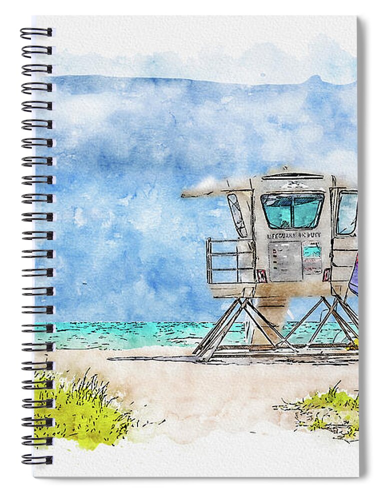 Lifeguard Tower Spiral Notebook featuring the digital art Watercolor painting illustration of lifeguard tower in Miami by Maria Kray