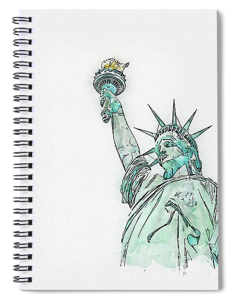 Watercolor Sketch Spiral Notebook featuring the digital art Watercolor painting illustration of Statue of Liberty on white by Maria Kray
