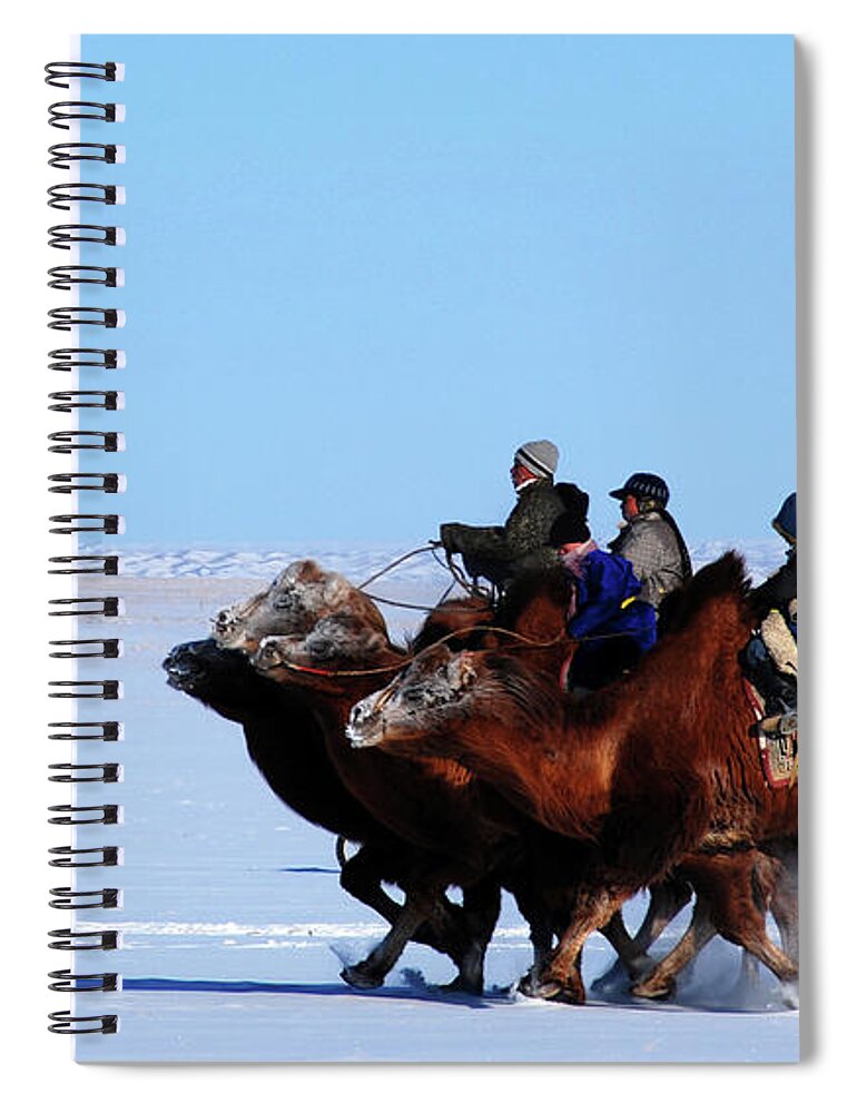 Winter Camel Racing Spiral Notebook featuring the photograph Winter Camel racing by Elbegzaya Lkhagvasuren