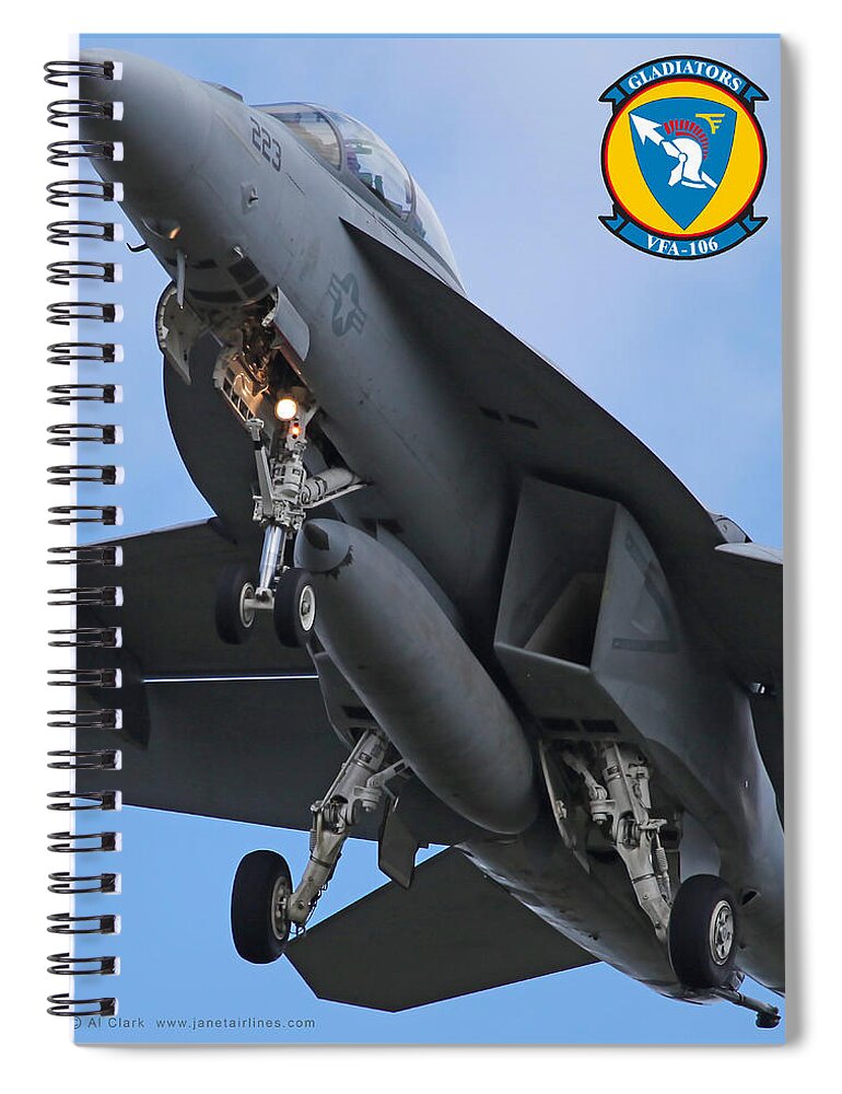 F/a-18f Spiral Notebook featuring the digital art VFA-106 F/A-18F Super Hornet on short final to 23 L NAS Oceana by Custom Aviation Art