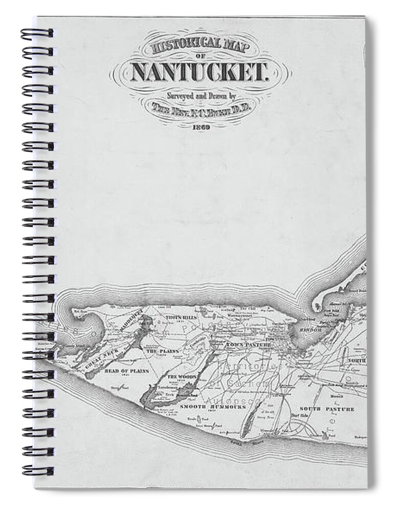 Nantucket Spiral Notebook featuring the photograph 1865 Historical Map of Nantucket Massachusetts Cape Code Black and White by Toby McGuire