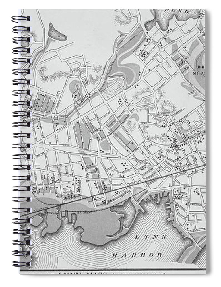 Lynn Spiral Notebook featuring the photograph 1876 Historical Map of Lynn Massachusetts Long Beach Kings Beach Red Rock Park Black and White by Toby McGuire