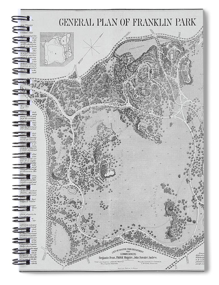 Franklin Spiral Notebook featuring the photograph 1885 General Plan of Franklin Park Map in Color Boston MA Dorchester MA Black and White by Toby McGuire