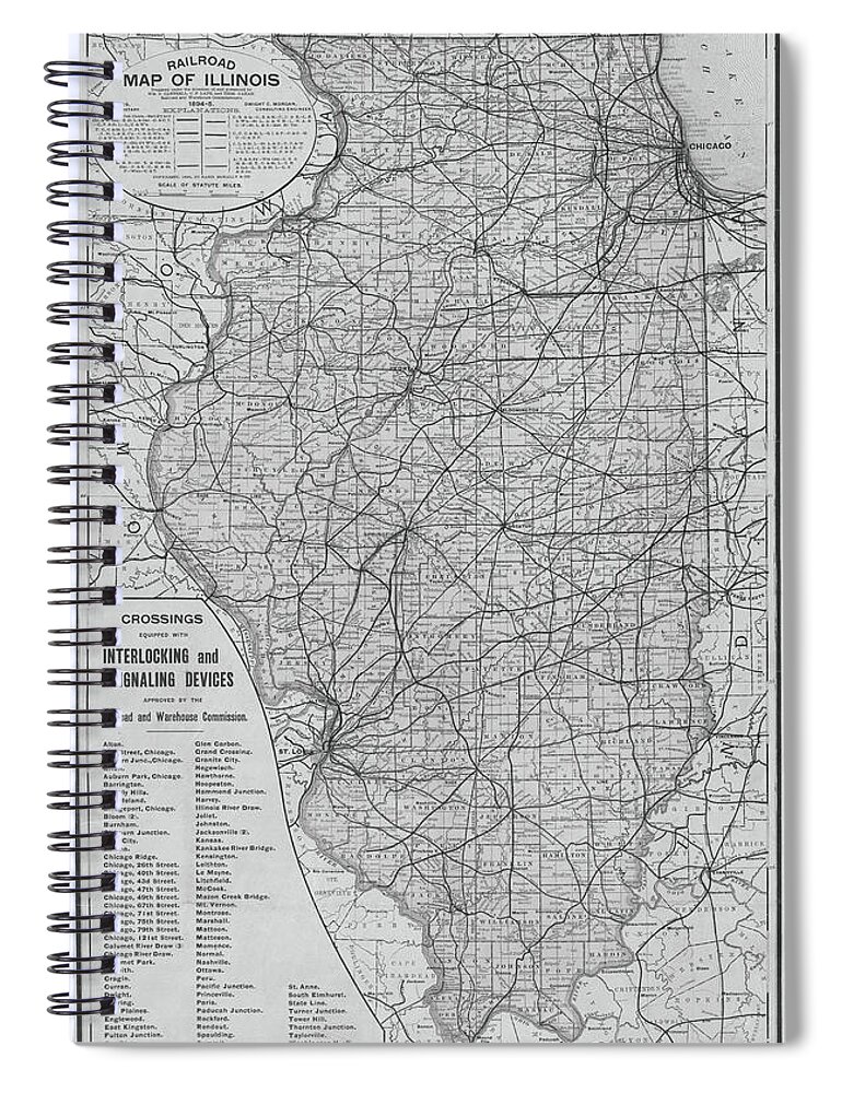 1885 Spiral Notebook featuring the photograph 1895 Historical Railroad Map of Illinois Black and White Map by Toby McGuire