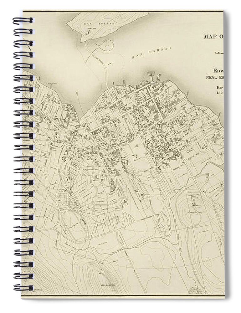 Maine Spiral Notebook featuring the photograph 1896 map of Bar Harbor Maine Historical Map Sepia by Toby McGuire