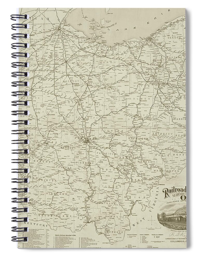 1898 Spiral Notebook featuring the photograph 1898 Historical Railroad map of Ohio in Sepia by Toby McGuire