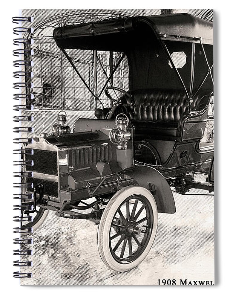 Auto Spiral Notebook featuring the digital art 1908 Maxwell Model-aa Runabout - Black And White by Anthony Ellis