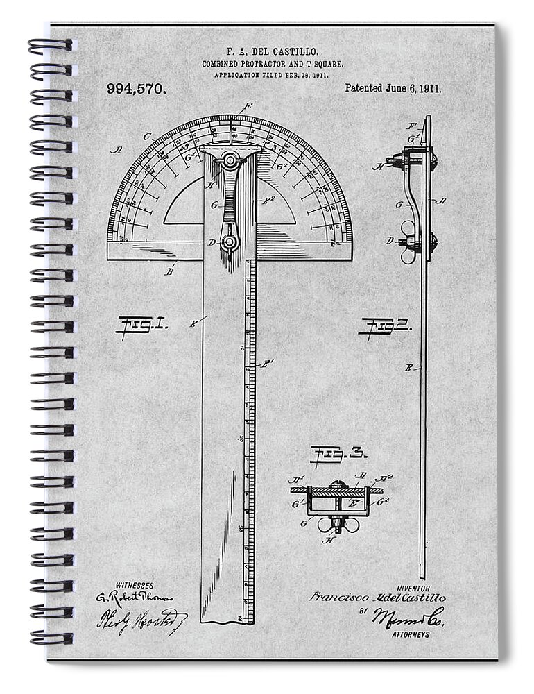 1911 Combined Protractor And T Square Patent Print Spiral Notebook featuring the drawing 1911 Combined Protractor and T Square Gray Patent Print by Greg Edwards