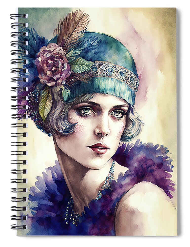 Woman Spiral Notebook featuring the digital art 1920s Flapper Woman Watercolor 05 by Matthias Hauser