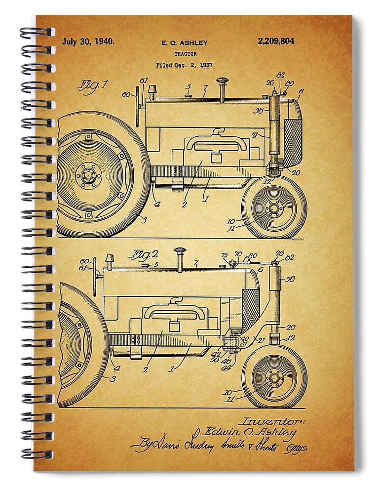 1940 Tractor Patent Drawing Spiral Notebook featuring the drawing 1940 Tractor Patent Drawing by Dan Sproul