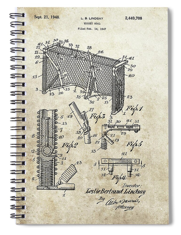 1948 Hockey Goal Patent Spiral Notebook featuring the drawing 1948 Hockey Goal Patent by Dan Sproul