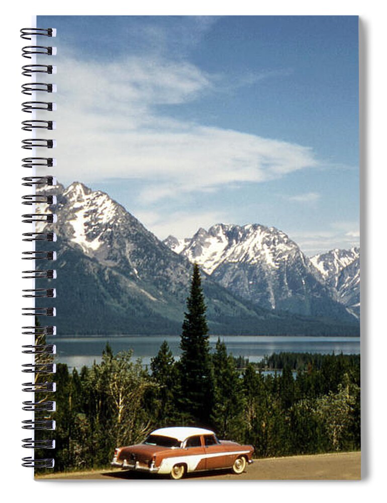  Teton Spiral Notebook featuring the photograph Vintage Car and Teton Mountains by Marilyn Hunt