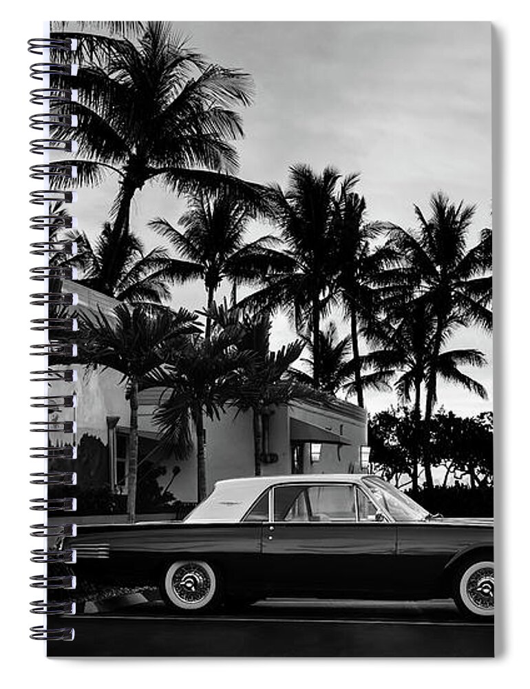 Palms Spiral Notebook featuring the photograph 1950s Diner and T-Bird Bw by Laura Fasulo