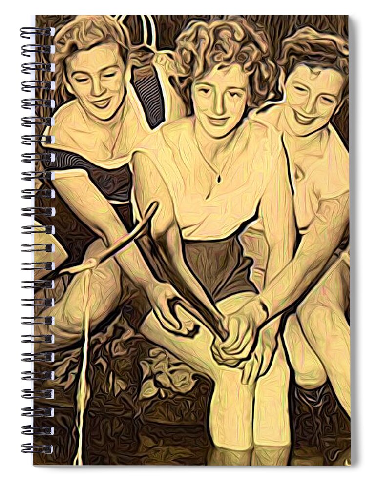 Modern Picture Painting Spiral Notebook featuring the mixed media 1950s Threes Sisters Fishing For...1of2 by Joan Stratton