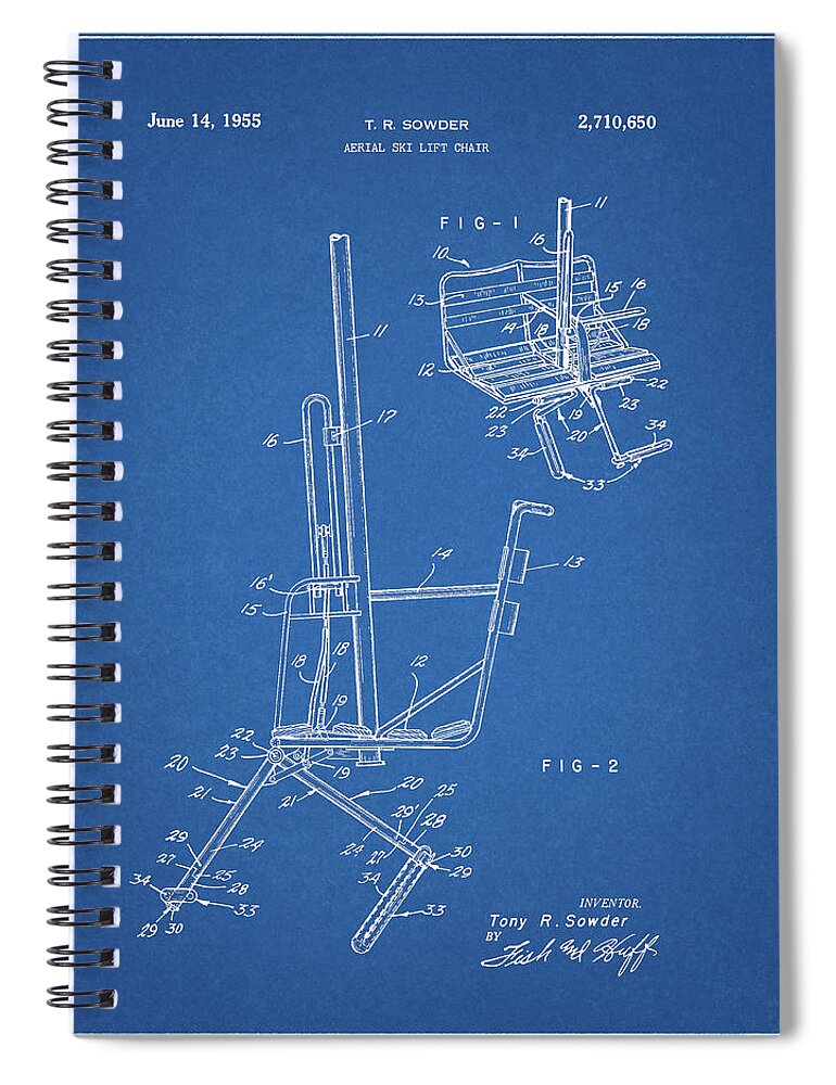 1955 Ski Lift Patent Blueprint Spiral Notebook featuring the drawing 1955 Ski Lift Patent Blueprint by Dan Sproul
