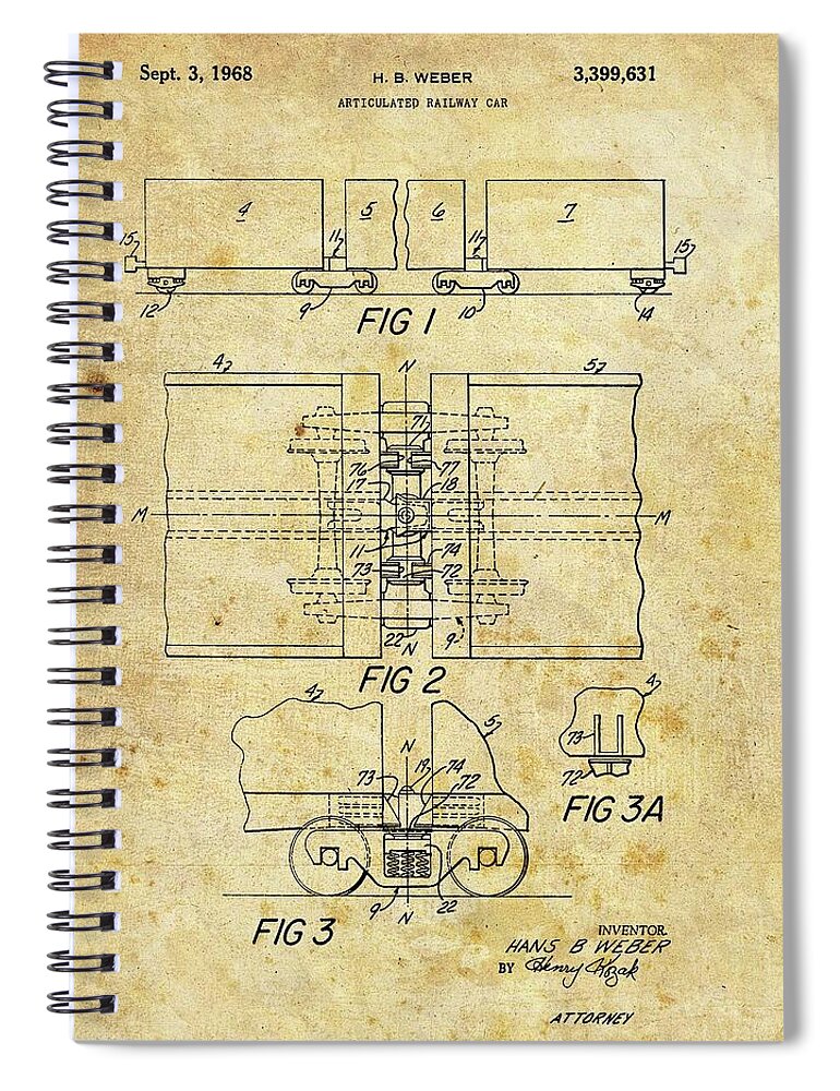 1968 Railway Car Patent Spiral Notebook featuring the drawing 1968 Railway Car Patent by Dan Sproul