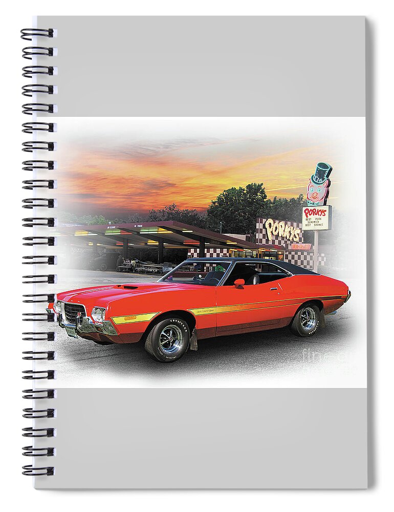 1972 Spiral Notebook featuring the photograph 1972 Ford Gran Torino Sport at Porky's Drive-in by Ron Long