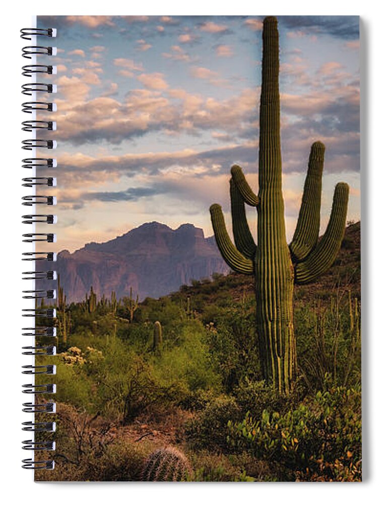 Saguaro Sunset Spiral Notebook featuring the photograph A Beautiful Desert Evening #2 by Saija Lehtonen