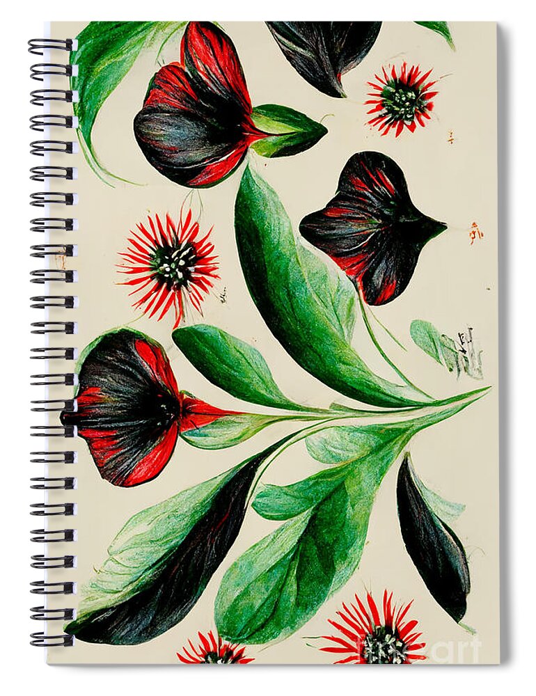 Red Spiral Notebook featuring the digital art Drawn flowers #3 by Andreas Thaler