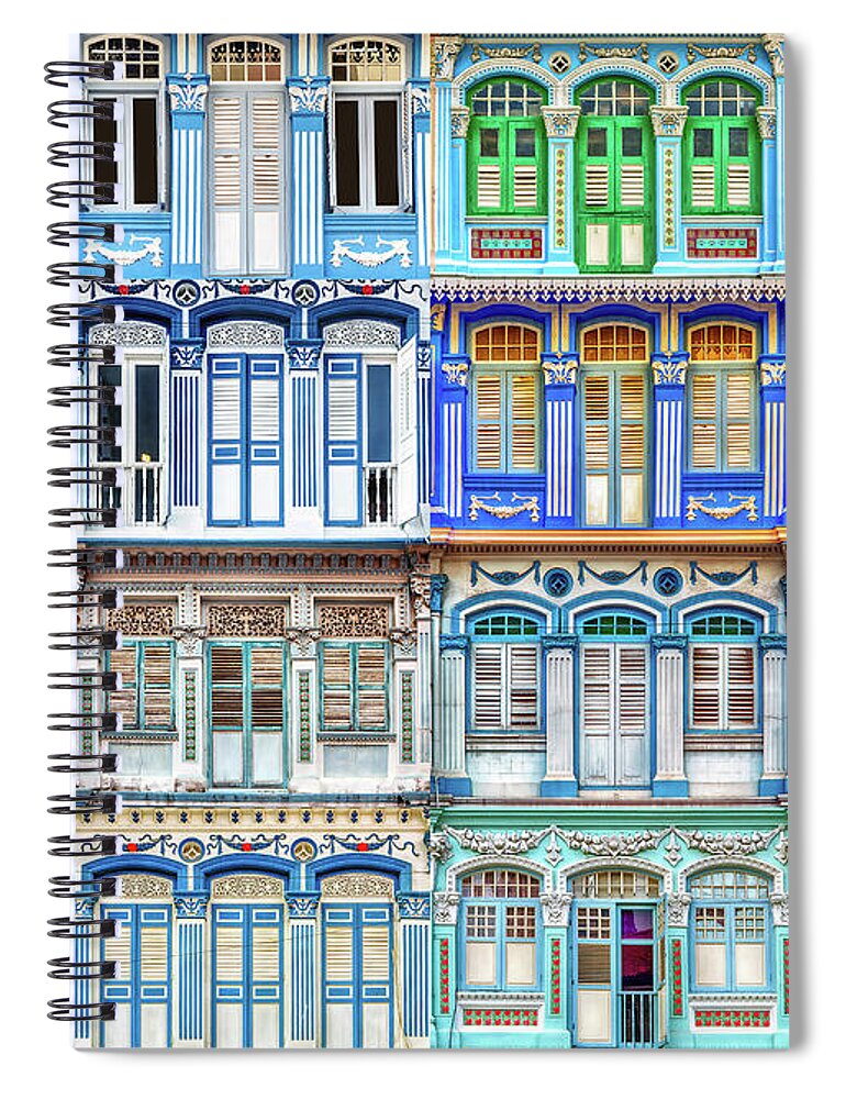 Singapore Spiral Notebook featuring the photograph The Singapore Shophouse, in BLUE by John Seaton Callahan