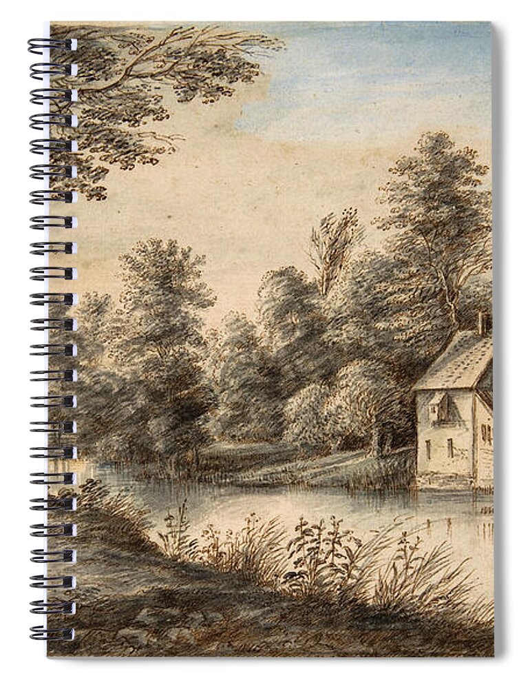 Lucas Van Uden Spiral Notebook featuring the drawing Wooded Landscape with a House beside a River #2 by Lucas van Uden