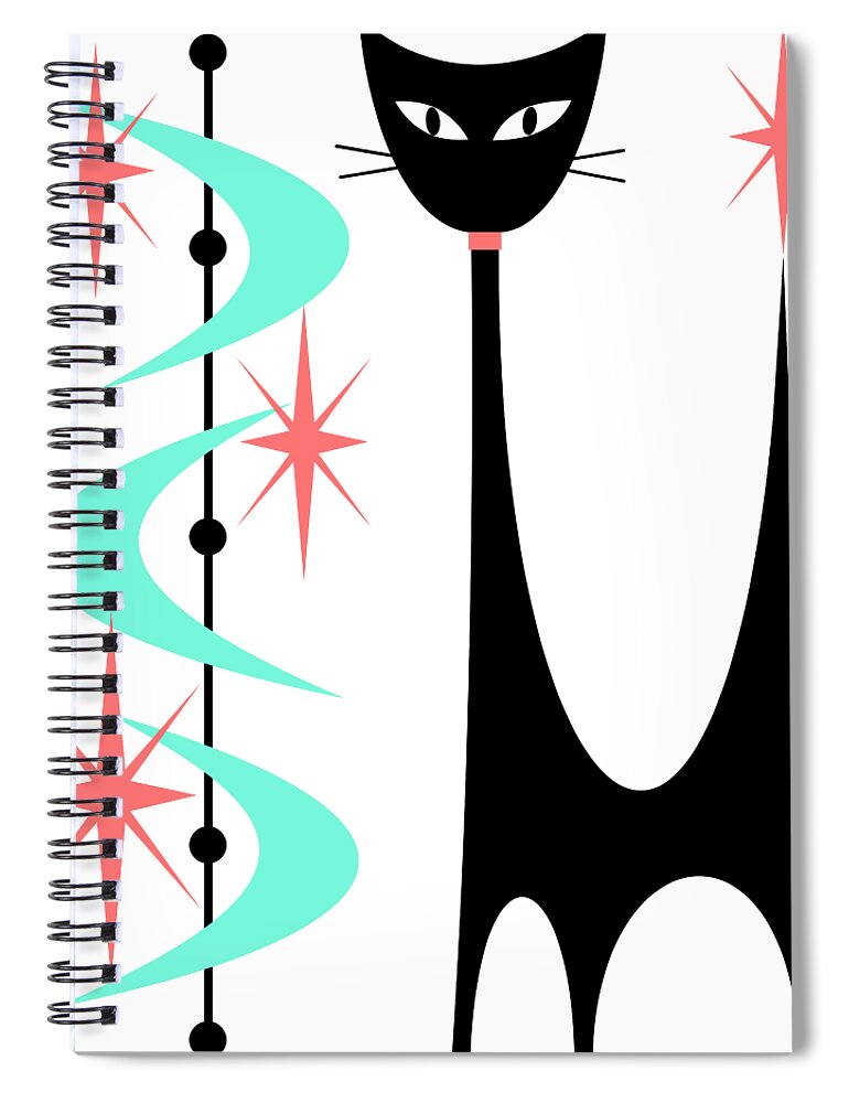 Mid Century Modern Spiral Notebook featuring the digital art Atomic Cat Aqua and Pink #3 by Donna Mibus