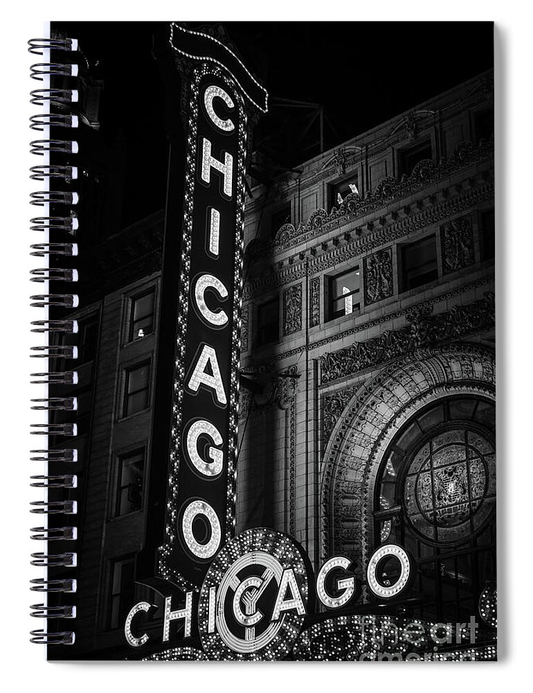 #faatoppicks Spiral Notebook featuring the photograph Chicago Theatre Sign in Black and White #3 by Paul Velgos