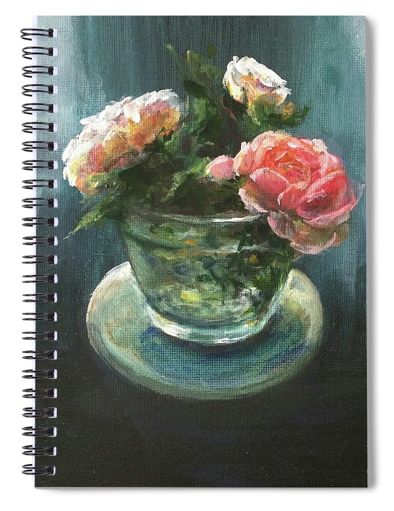 Roses Spiral Notebook featuring the painting 3 Roses in a Jar by Lizzy Forrester
