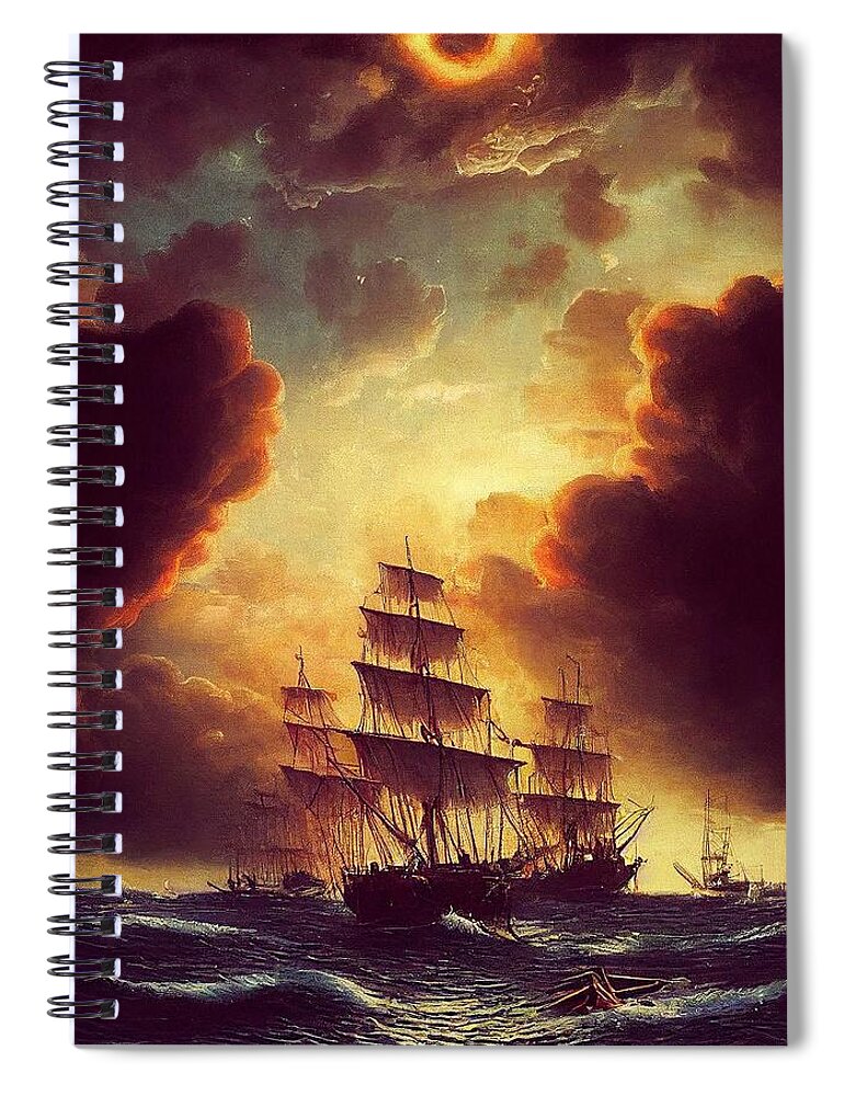 Ocean Spiral Notebook featuring the digital art 3 Ships by Nickleen Mosher