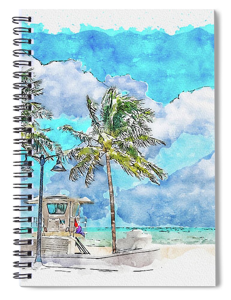 Fort Lauderdale Spiral Notebook featuring the digital art Watercolor painting illustration of Seafront beach promenade with palm trees in Fort Lauderdale by Maria Kray