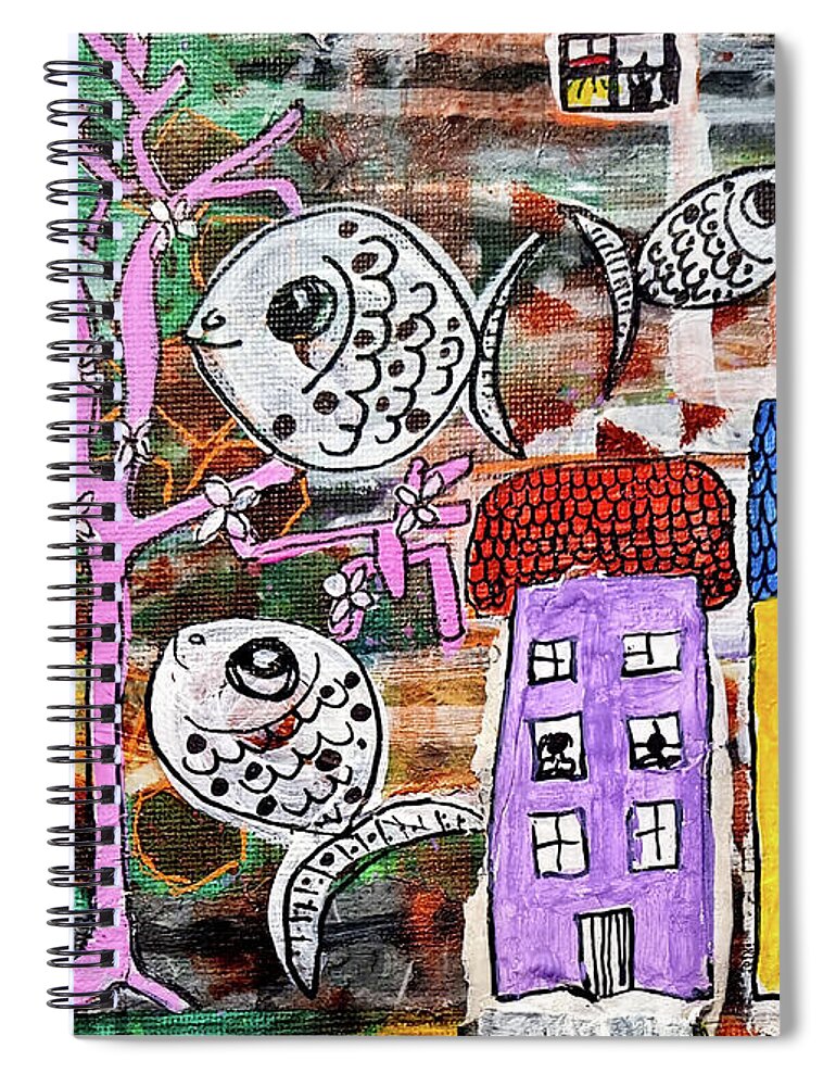 Fish Spiral Notebook featuring the mixed media 5 Happy Fish Swimming to Town by Mimulux Patricia No