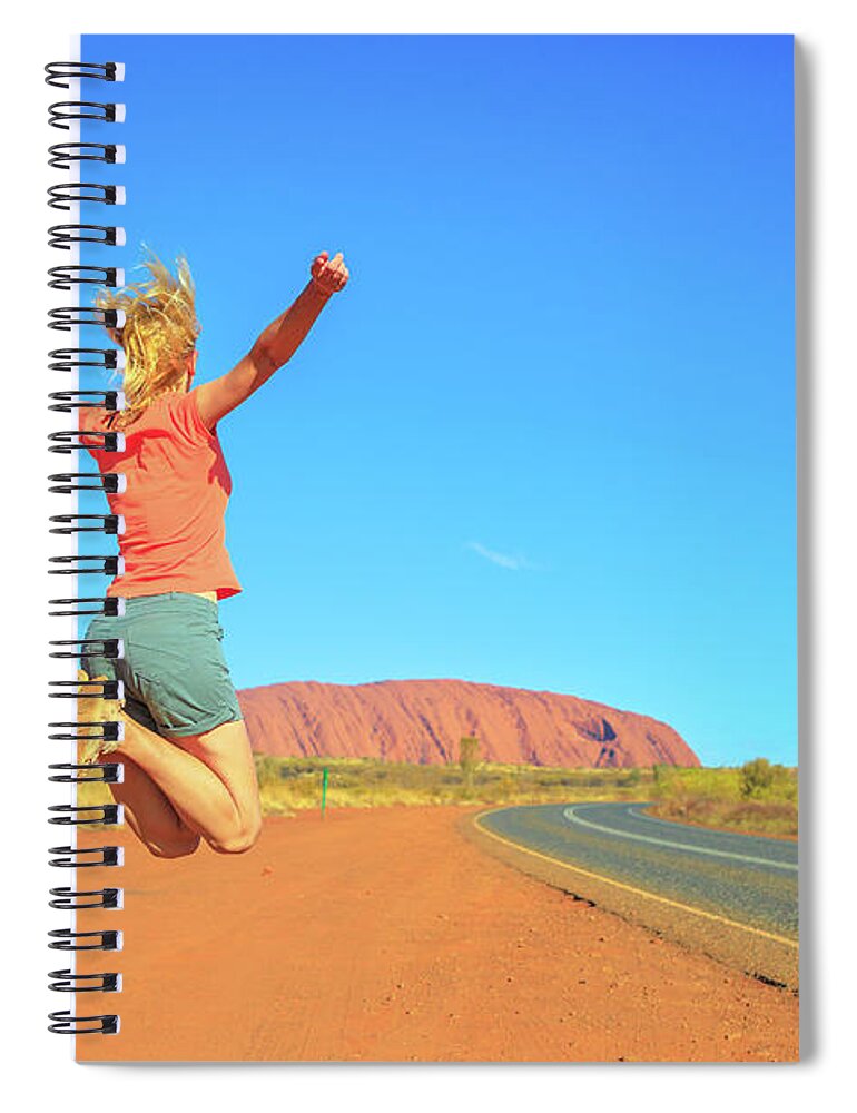 Australia Spiral Notebook featuring the photograph Uluru woman jumping #5 by Benny Marty