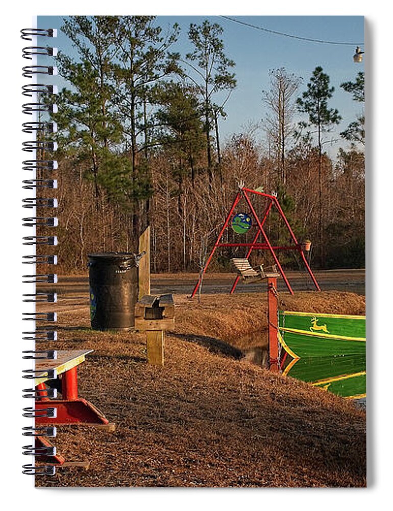 Relaxation Spiral Notebook featuring the photograph A Bench and a Boat by George Taylor