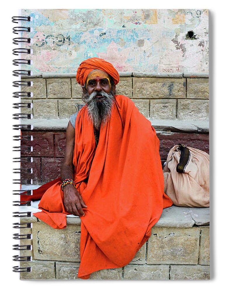 Varanasi Spiral Notebook featuring the photograph A Day In The Life of Varanasi - Sadhus on the Ghats of the Ganges River by Earth And Spirit