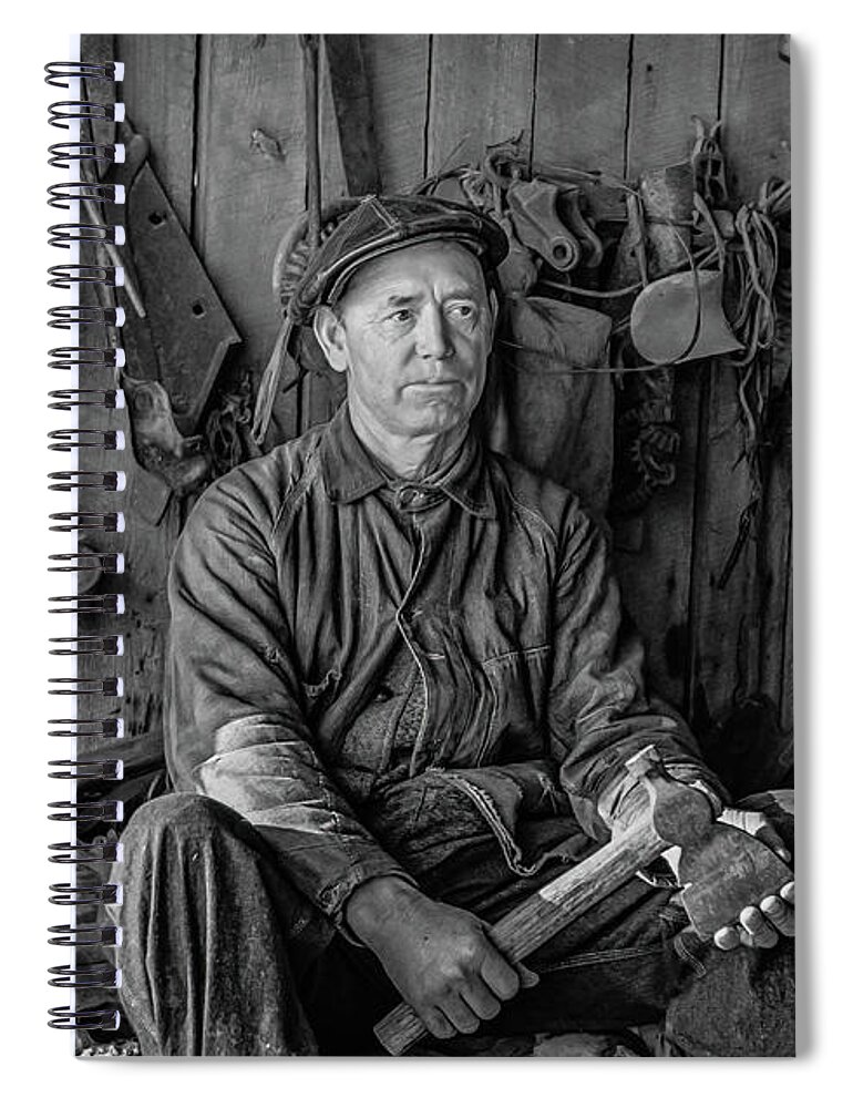 1937 Spiral Notebook featuring the photograph A farmer in his toolhouse by David Letts