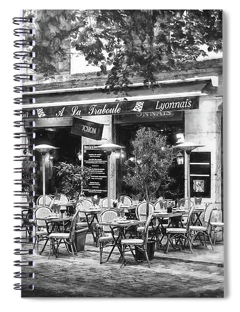Lyon Spiral Notebook featuring the photograph A French Restaurant Vieux Lyon France Black and White by Carol Japp