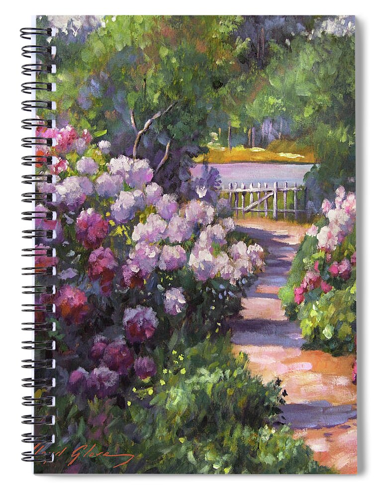 Lakeshore; Gardens; Garden Path; Sunlight; Blooms; Flowers; Spring; Trees; Sunlight; Shadows; Beauty; Impressionist; Romantic; Decorative; Dramatic; David Lloyd Glover Spiral Notebook featuring the painting A Garden Walk To The Lake by David Lloyd Glover