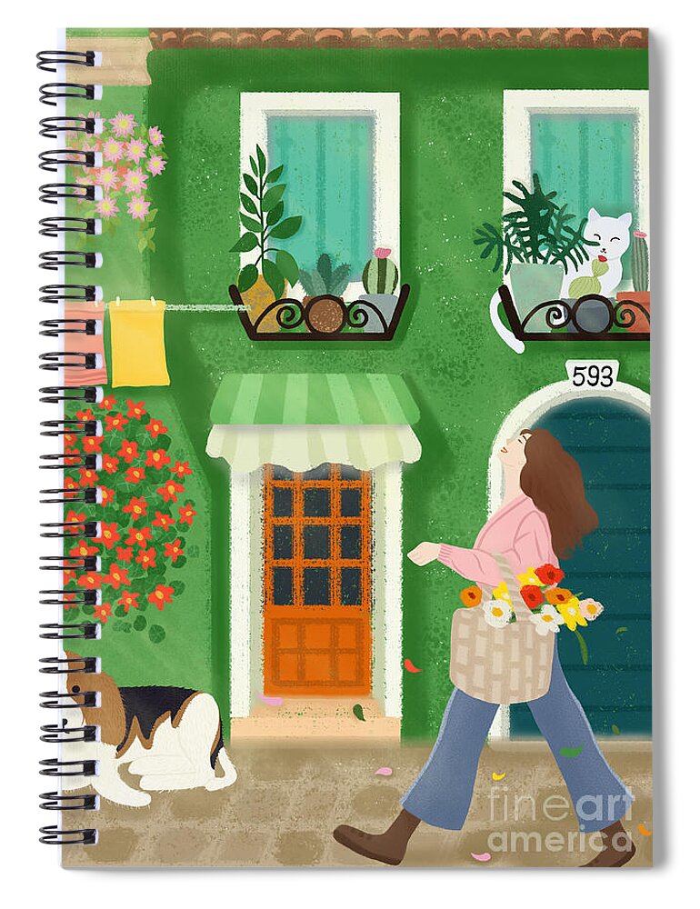 Houses Spiral Notebook featuring the drawing A girl with a basket of flowers by Min Fen Zhu